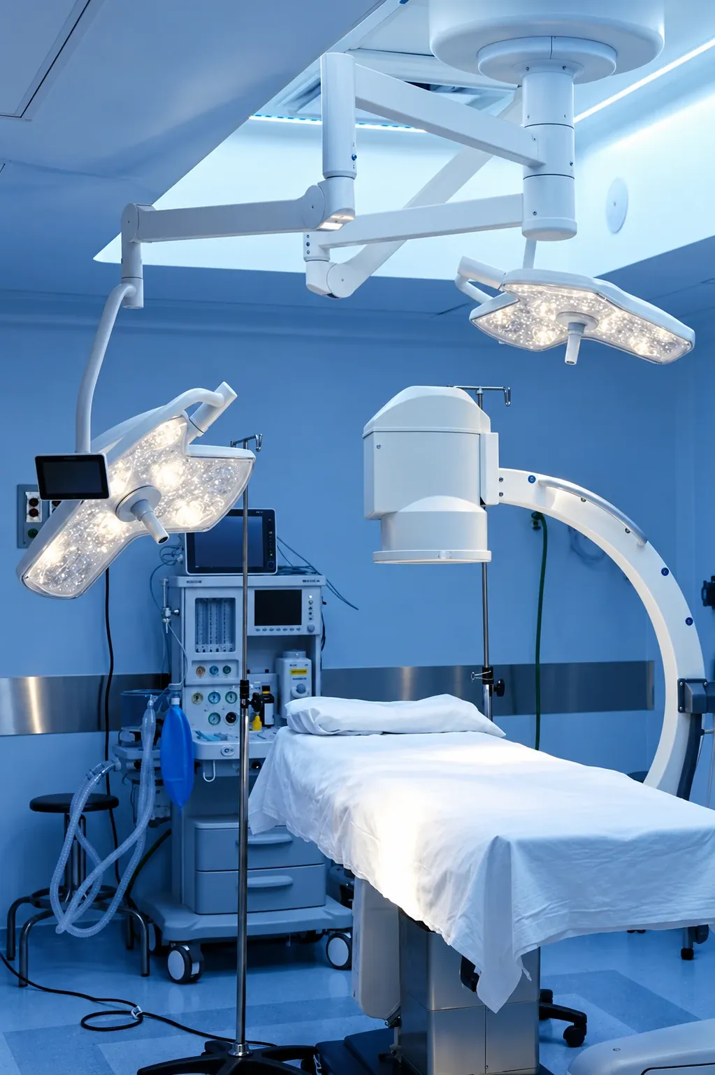 An empty, bright operating room with surgical lights and equipment