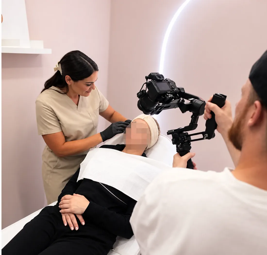 A practitioner filmed with a stabilised camera during a facial treatment, the person treated has a blurred face