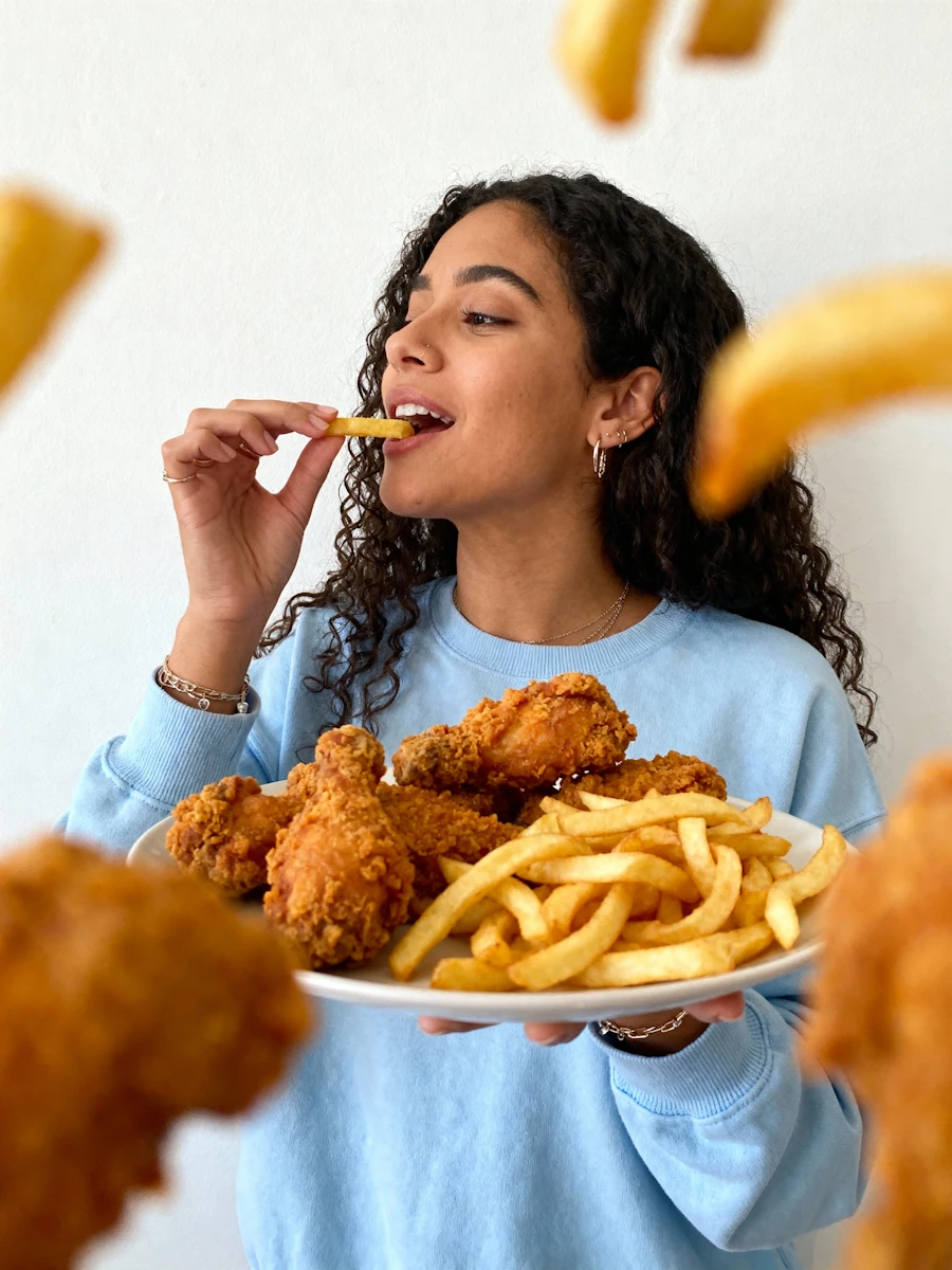 A woman holding a plate of fried chicken and fries, mid-bite