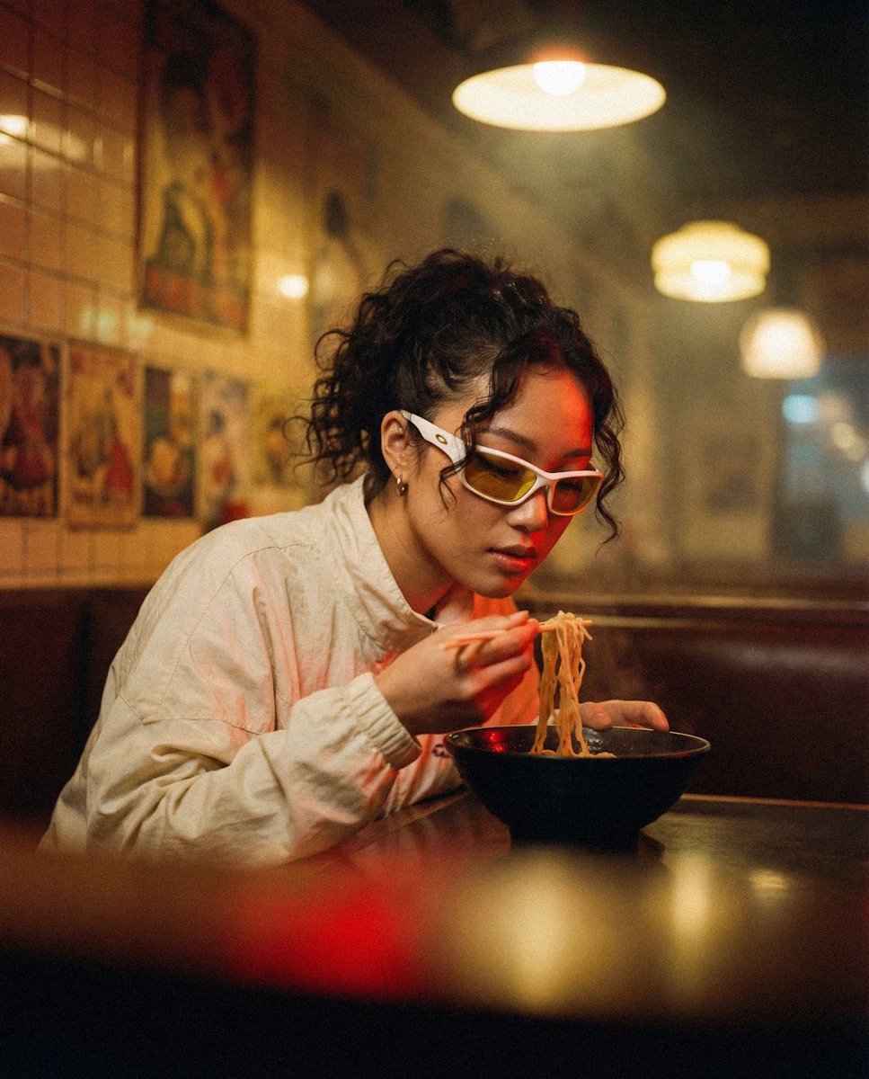 A woman enjoying a bowl of noodles in a warmly lit restaurant